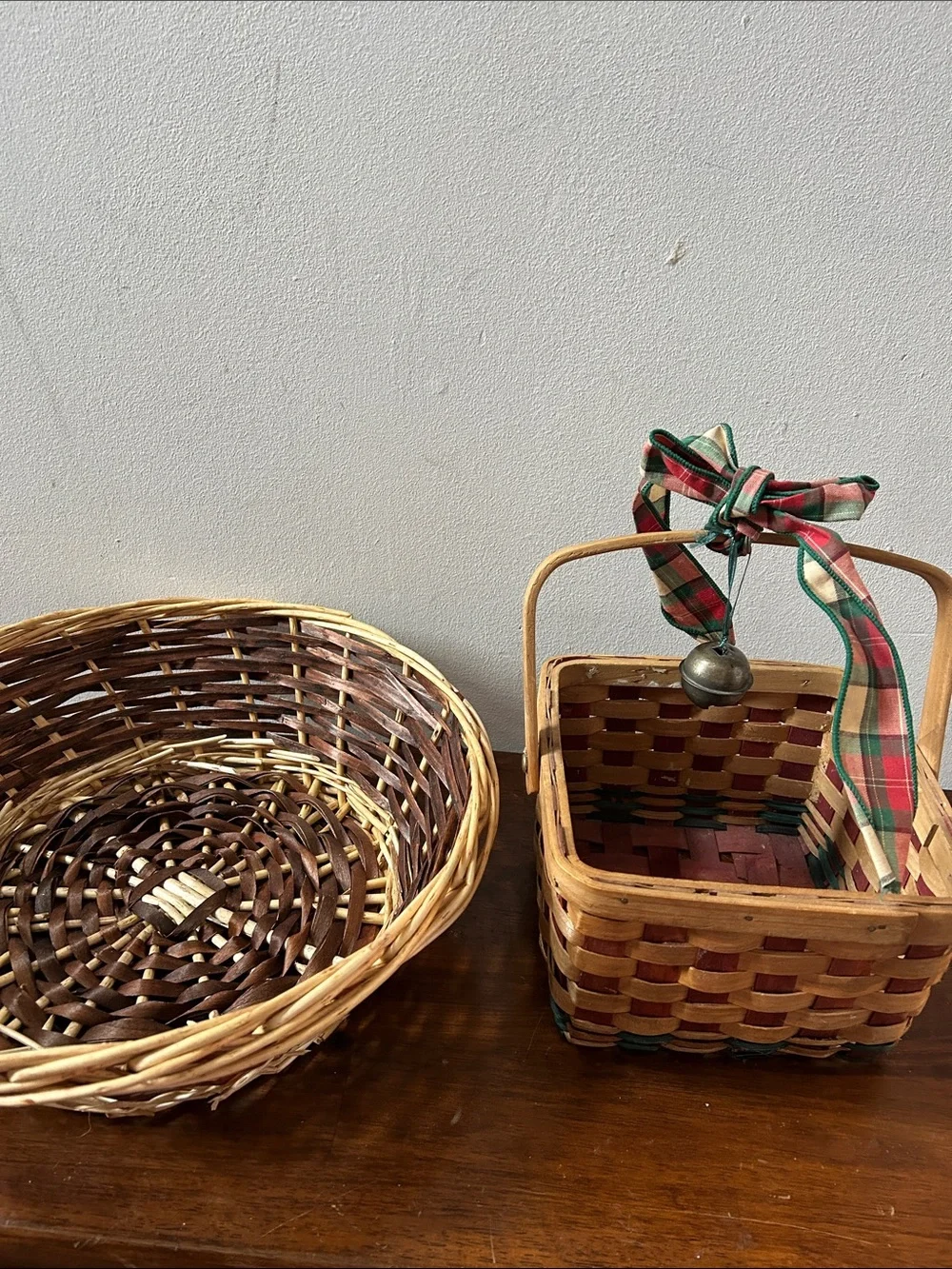 Woven Decorative Basket Set with Red Plaid Ribbon Accent